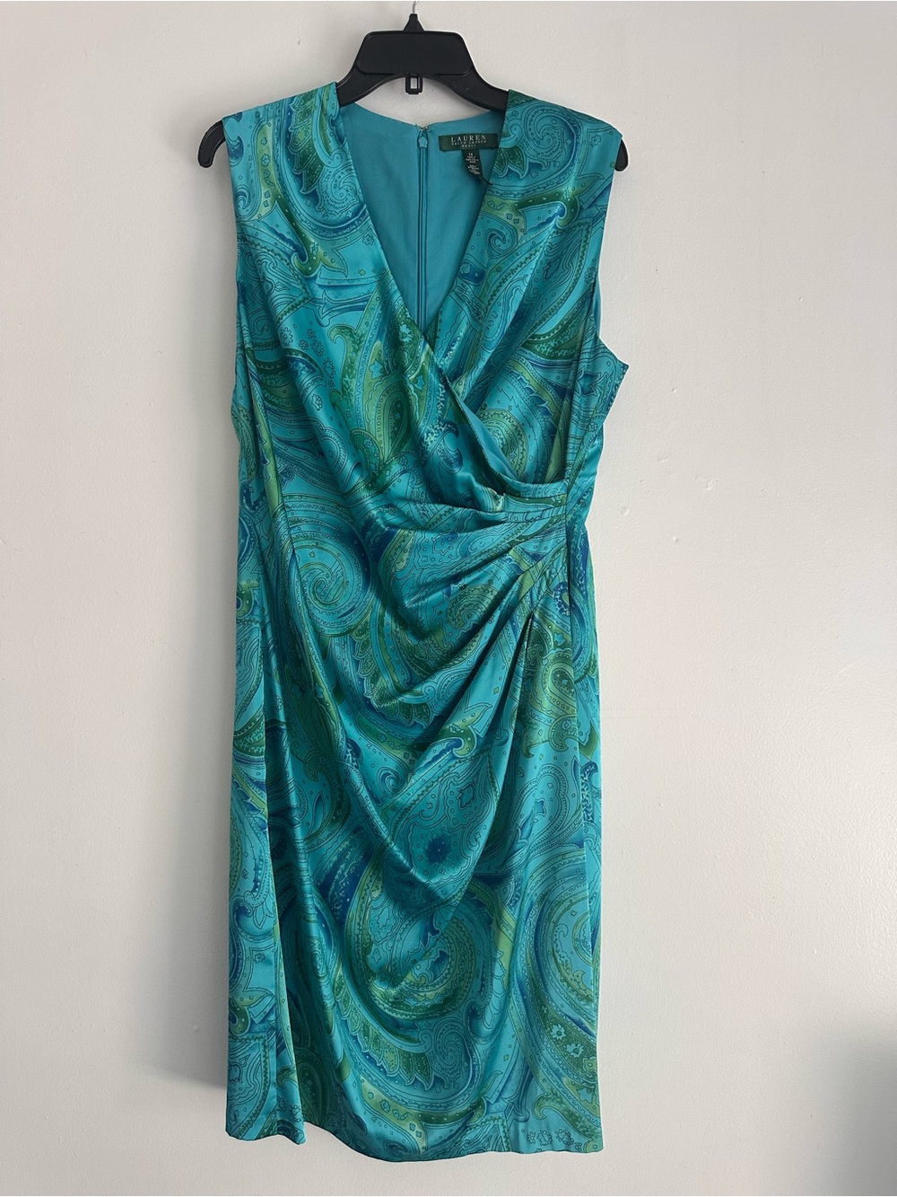 Lauren Ralph Lauren Blue Green Paisley Faux Wrap Sheath Dress Size 14